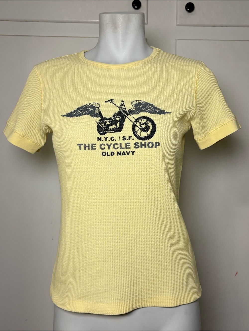 Vintage Y2K Old Navy Yellow Waffle Knit The Cycle Shop Graphic Baby Tee T Shirt